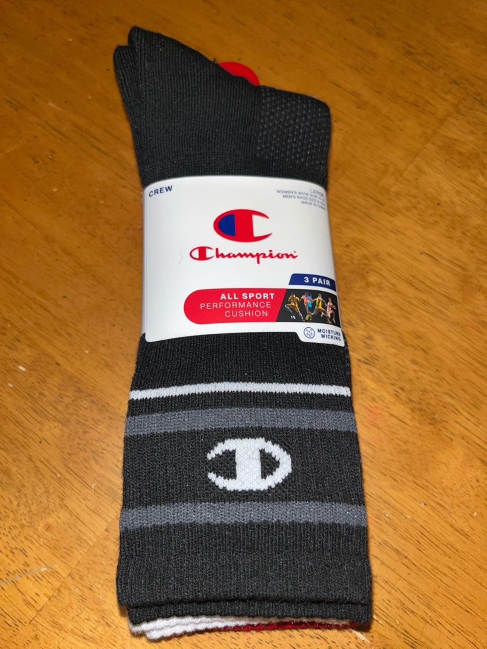 Champion Black White Red Crew Athletic Socks with Gray & White Stripes (3-Pack)